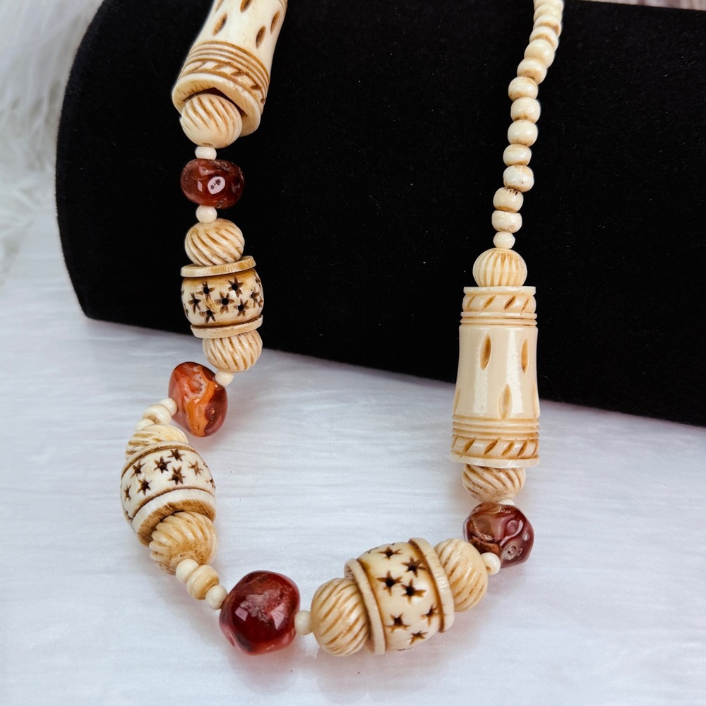 Vintage tribal ethnic carved bone and horn beads and carnelian beads necklace